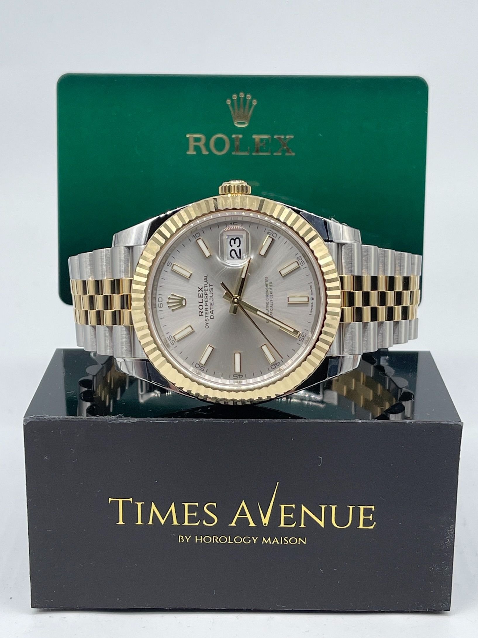 Rolex Datejust 41 NEW 2023 Two Tone Yellow Gold Black Index Dial Fluted  Bezel Jubilee Bracelet