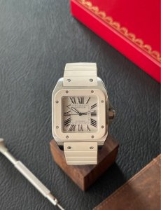 Cartier Santos 100 Medium 2878 white rubber W20122U2 AllWatchMarket